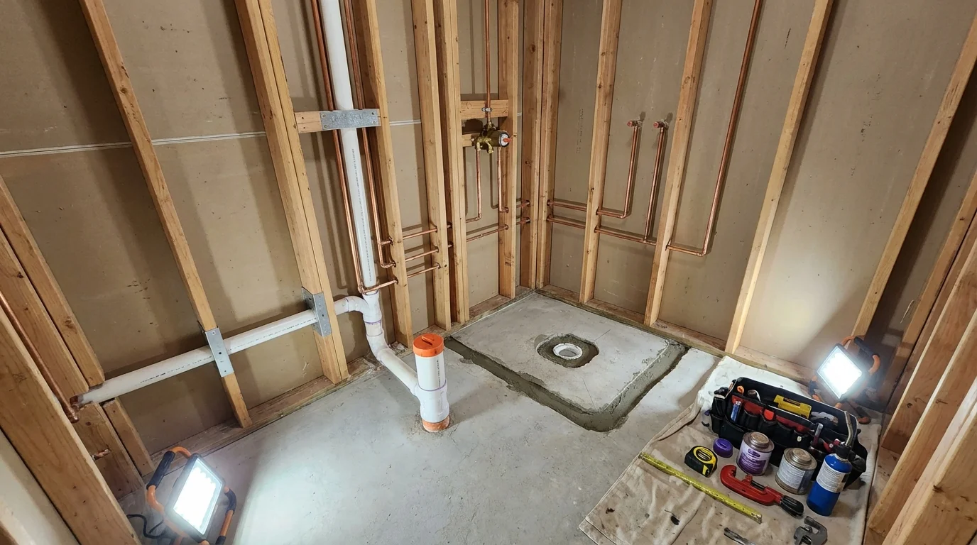 Bathroom rough-in plumbing during remodel by Johns Plumbing LLC in Gilmer