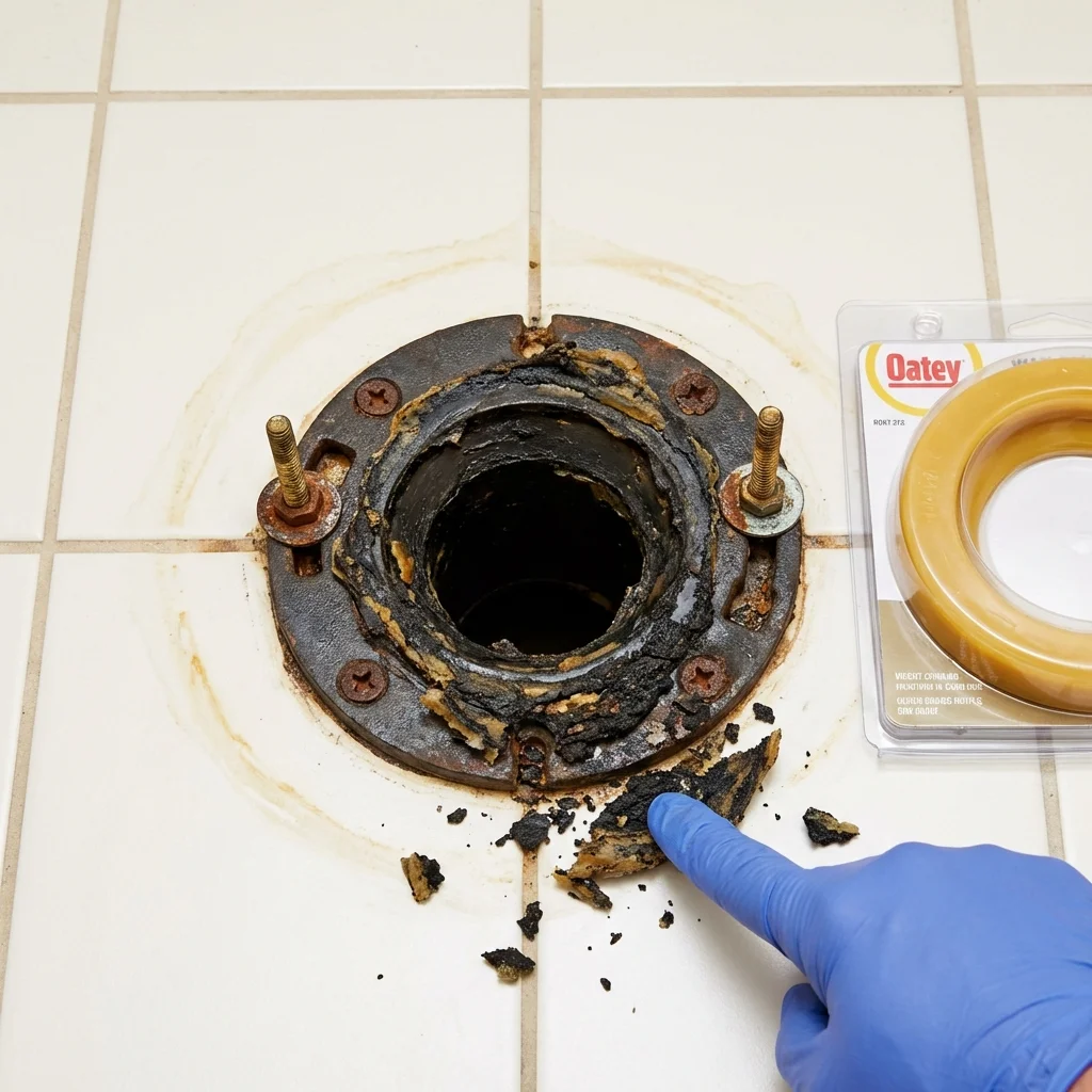 Failed wax ring showing water seepage at the base of a toilet in a Gilmer, TX home
