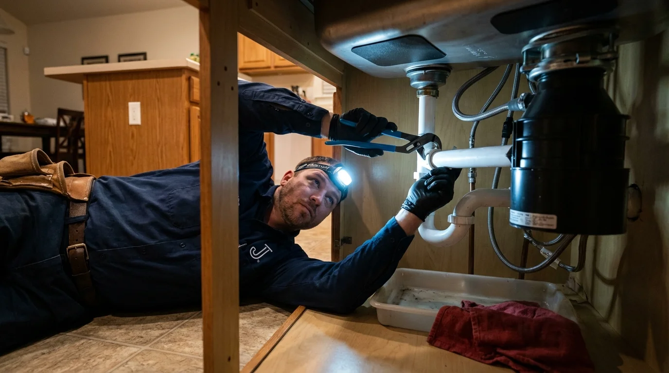 P-trap and supply line connections under a kitchen sink showing a common leak point in Gilmer, TX